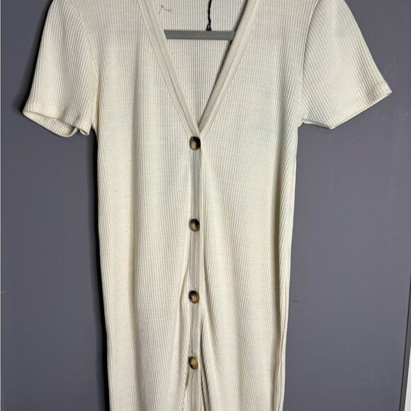 Zara Cream Button Front Ribbed Short Sleeve  Midi Dress Size Small - Picture 6 of 6